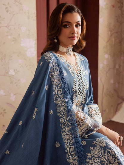 MAHNUR-3PC DHANAK EMBROIDERED SHIRT WITH DHANAK EMBROIDERED SHAWL & TROUSER-W.J-2042