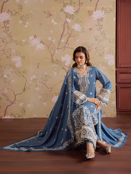 MAHNUR-3PC DHANAK EMBROIDERED SHIRT WITH DHANAK EMBROIDERED SHAWL & TROUSER-W.J-2042