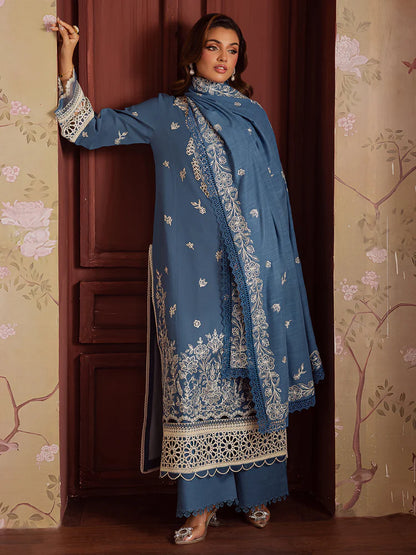MAHNUR-3PC DHANAK EMBROIDERED SHIRT WITH DHANAK EMBROIDERED SHAWL & TROUSER-W.J-2042