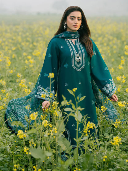 IZEL-3PC DHANAK EMBROIDERED SHIRT WITH COURTRAI PRINTED SHAWL AND TROUSER-W.J-1669