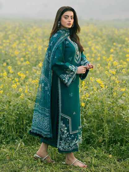 IZEL-3PC DHANAK EMBROIDERED SHIRT WITH COURTRAI PRINTED SHAWL AND TROUSER-W.J-1669