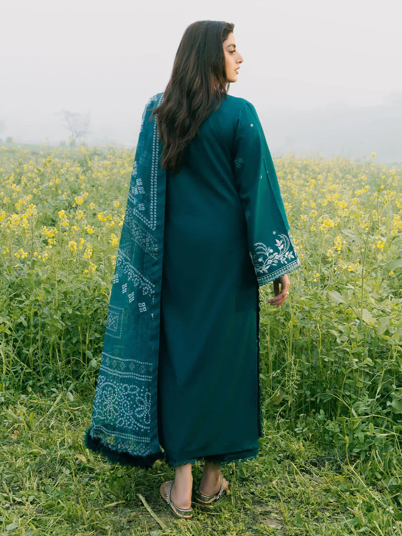 IZEL-3PC DHANAK EMBROIDERED SHIRT WITH COURTRAI PRINTED SHAWL AND TROUSER-W.J-1669