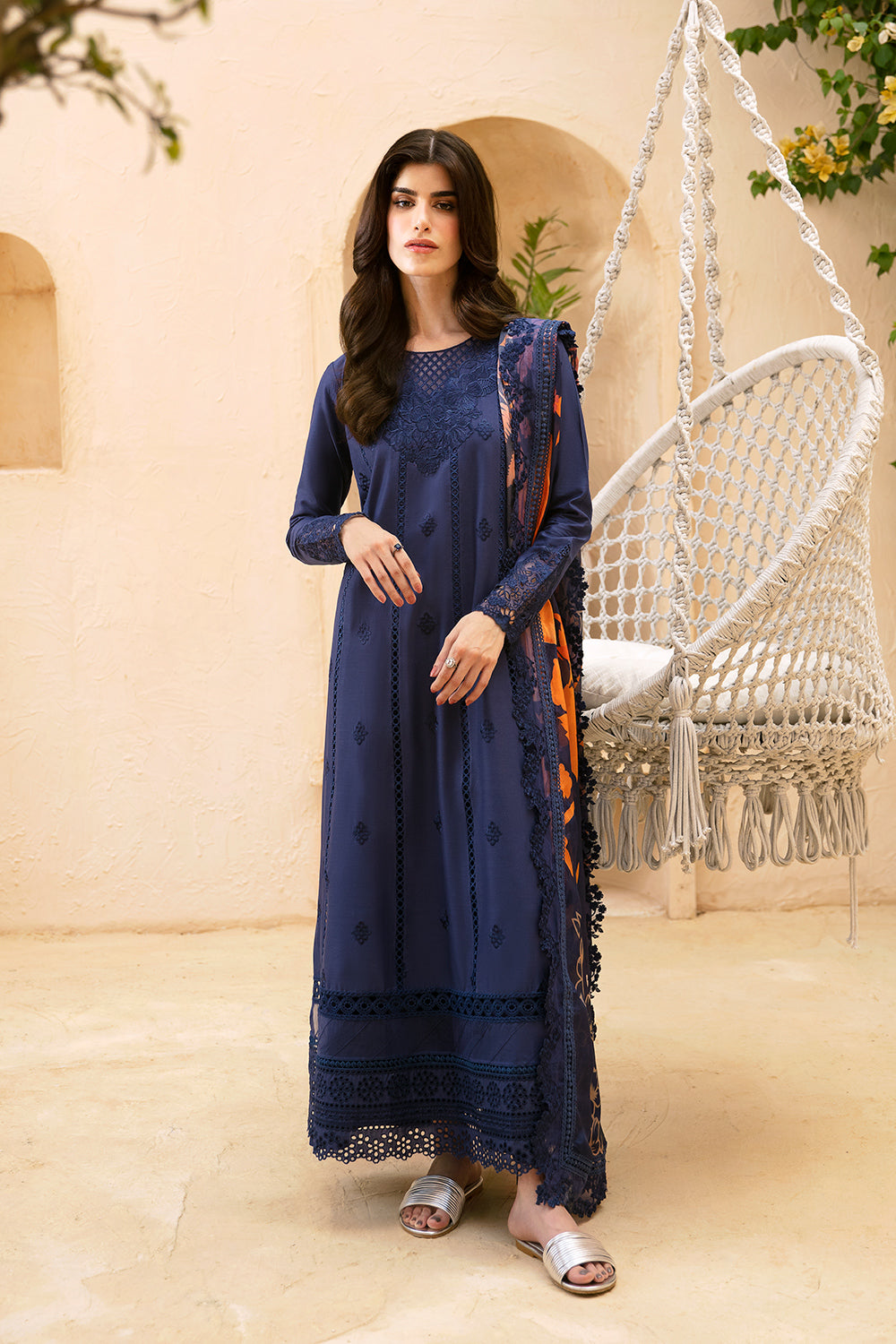 AZURE-3PC LAWN EMBROIDERED SHIRT WITH MONARK PRINT DUPATTA AND TROUSER-W.J-1543