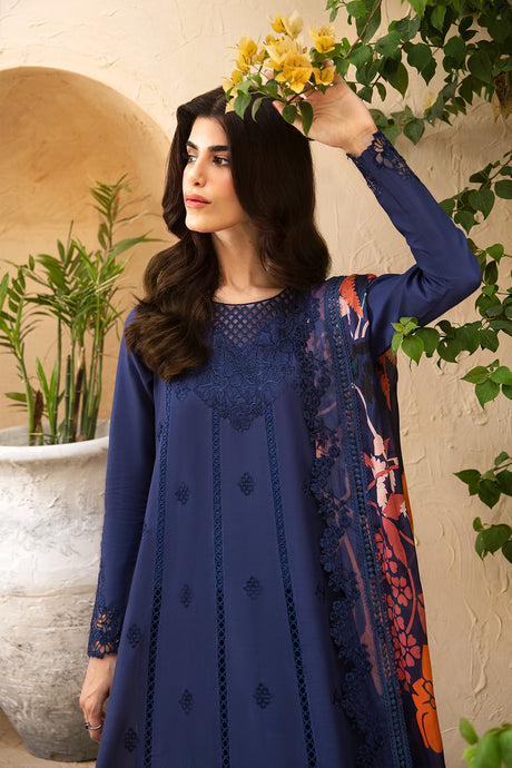 AZURE-3PC LAWN EMBROIDERED SHIRT WITH MONARK PRINT DUPATTA AND TROUSER-W.J-1543