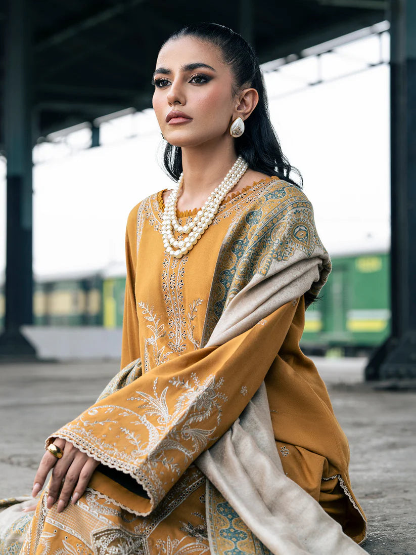 IZEL-3PC DHANAK EMBROIDERED SHIRT WITH COUTRAI PRINTED SHAWL & TROUSER-W.J-1827