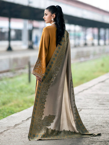 IZEL-3PC DHANAK EMBROIDERED SHIRT WITH COUTRAI PRINTED SHAWL & TROUSER-W.J-1827