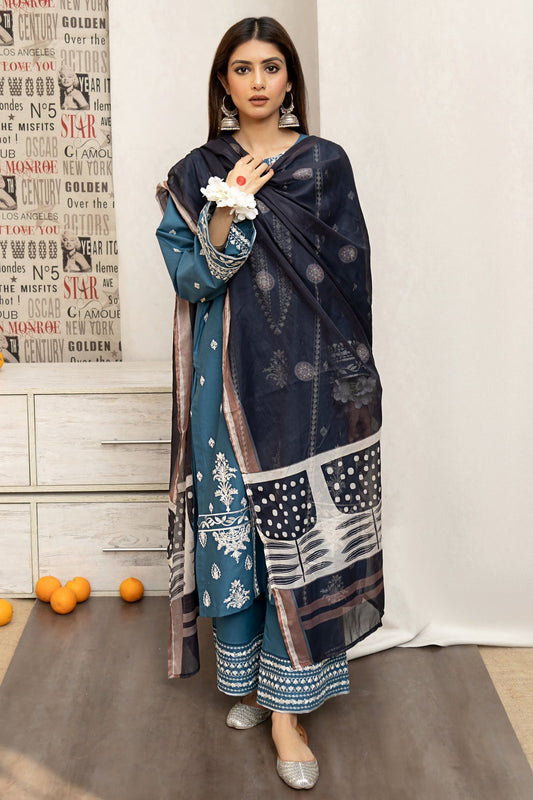 URGE- 3PC LAWN EMBROIDERED SHIRT WITH DIAMOND PRINTED DUPATTA AND EMB TROUSER-BLUE-W.J-1468