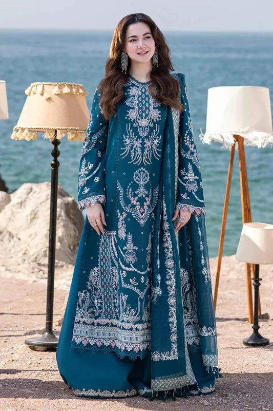 QALAMQAR-3PC DHANAK EMBROIDERED SHIRT WITH DHANAK EMBROIDERED SHAWL AND TROUSER-WJ-1934
