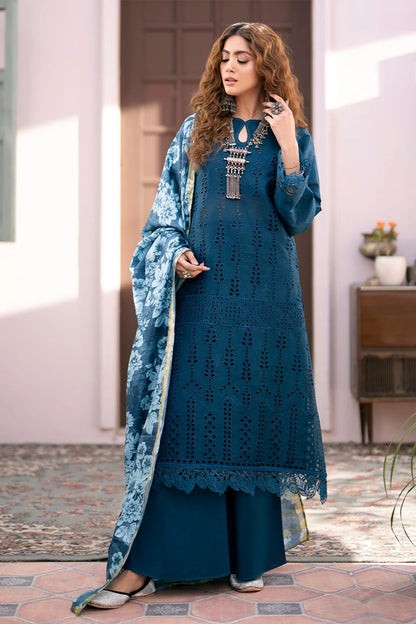 QALAMKAR - 3PC LAWN CHIKANKAARI EMBROIDERED SHIRT WITH PRINTED DUPATTA AND TROUSER-W.J-1407