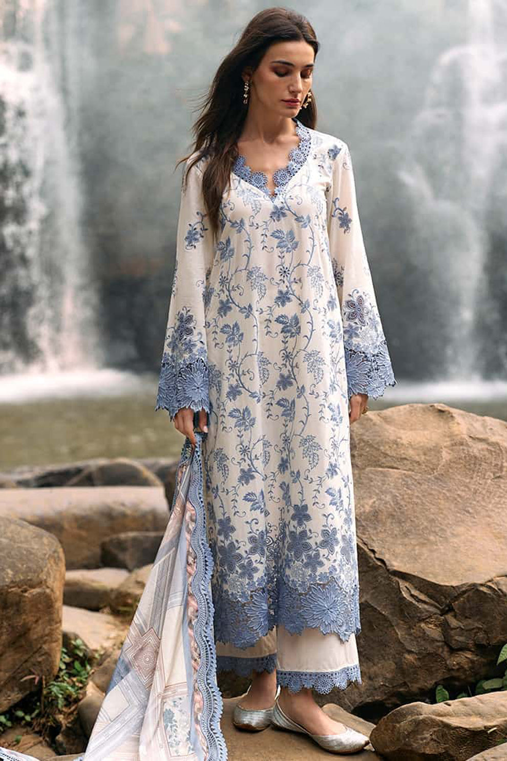 IMAGE-3PC LAWN EMBROIDERED SHIRT WITH MONARK PRINT DUPATTA & LAWN TROUSER-W.J-1517