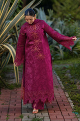 RANG RASIYA-3PC DHANAK EMBROIDERED SHIRT WITH KHADDI NET EMB DUPATTA AND EMB TROUSER-W.J-5077