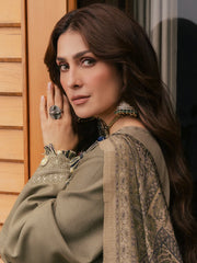 IZEL-3PC DHANAK EMBROIDERED SHIRT WITH COUTRAI PRINTED SHAWL AND TROUSER-W.J-5328