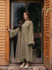 IZEL-3PC DHANAK EMBROIDERED SHIRT WITH COUTRAI PRINTED SHAWL AND TROUSER-W.J-5328