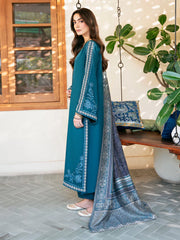 IZEL-3PC DHANAK EMBROIDERED SHIRT WITH COURTRAI PRINTED SHAWL & TROUSER-W.J-4387