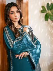 IZEL-3PC DHANAK EMBROIDERED SHIRT WITH COURTRAI PRINTED SHAWL & TROUSER-W.J-4387