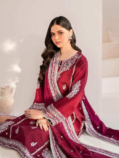 GARNET-3PC LAWN EMBROIDERED SHIRT WITH CHIFFON EMBROIDERED DUPATTA AND TROUSER-W.J-1587