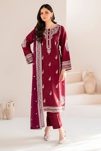 GARNET-3PC LAWN EMBROIDERED SHIRT WITH CHIFFON EMBROIDERED DUPATTA AND TROUSER-W.J-1587