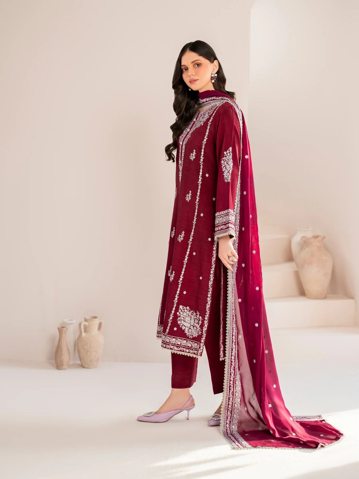 GARNET-3PC LAWN EMBROIDERED SHIRT WITH CHIFFON EMBROIDERED DUPATTA AND TROUSER-W.J-1587