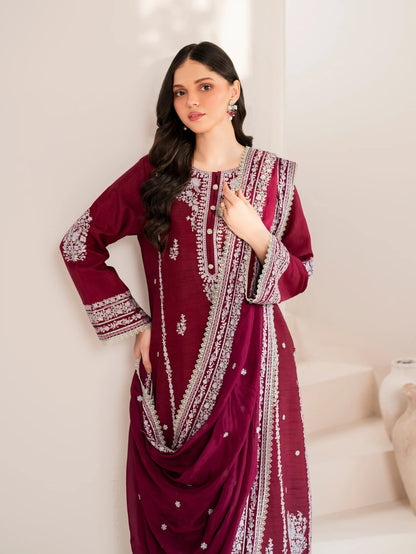 GARNET-3PC LAWN EMBROIDERED SHIRT WITH CHIFFON EMBROIDERED DUPATTA AND TROUSER-W.J-1587