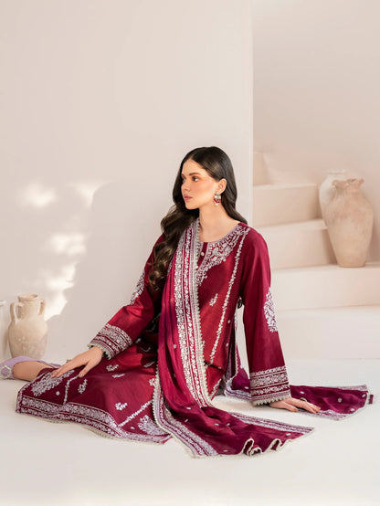 GARNET-3PC LAWN EMBROIDERED SHIRT WITH CHIFFON EMBROIDERED DUPATTA AND TROUSER-W.J-1587