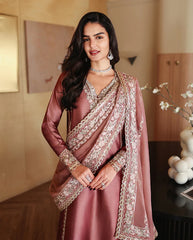 MUSHQ-3PC-RAW SILK HAND EMB EMBELLISHED SHIRT WITH SOFT SILK EMB DUPATTA AND RAW SILK TROUSER-W.J-5214