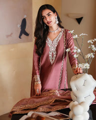 MUSHQ-3PC-RAW SILK HAND EMB EMBELLISHED SHIRT WITH SOFT SILK EMB DUPATTA AND RAW SILK TROUSER-W.J-5214