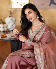 MUSHQ-3PC-RAW SILK HAND EMB EMBELLISHED SHIRT WITH SOFT SILK EMB DUPATTA AND RAW SILK TROUSER-W.J-5214