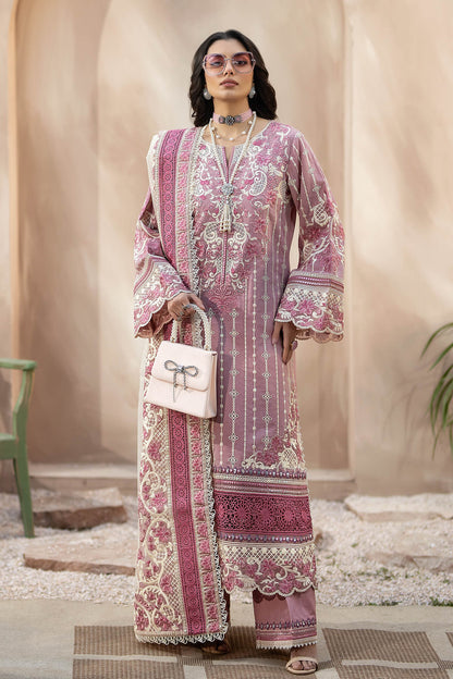 QALAMQAR-3PC CHIKANKAARI LAWN CUTWORK EMBROIDERED SHIRT WITH NET EMBROIDERED CUTWORK DUPATTA AND TROUSER-W.J-1590