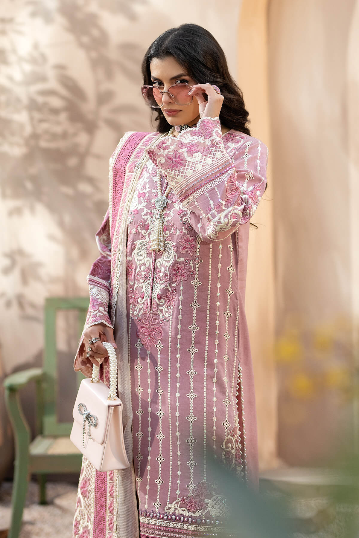 QALAMQAR-3PC CHIKANKAARI LAWN CUTWORK EMBROIDERED SHIRT WITH NET EMBROIDERED CUTWORK DUPATTA AND TROUSER-W.J-1590