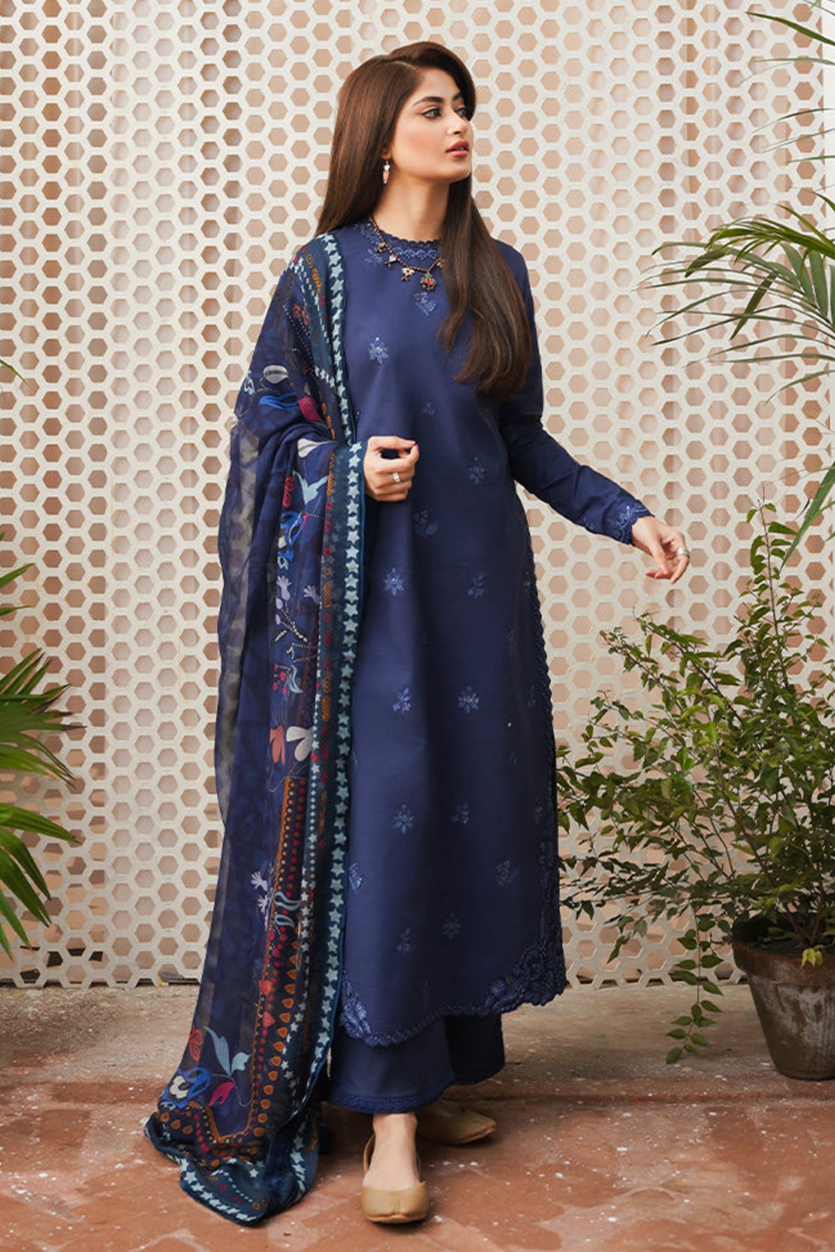 SERAN-3PC DHANAK EMBROIDERED SHIRT WITH WOOL PRINTED SHAWL & TROUSER-W.J-5063