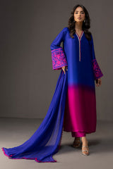 ZAINAB CHOTTANI-3PC SHAMOZE SILK PRINTED EMB SHIRT WITH SOFT SILK PRINTED DUPATTA & TROUSER -W.J-9007