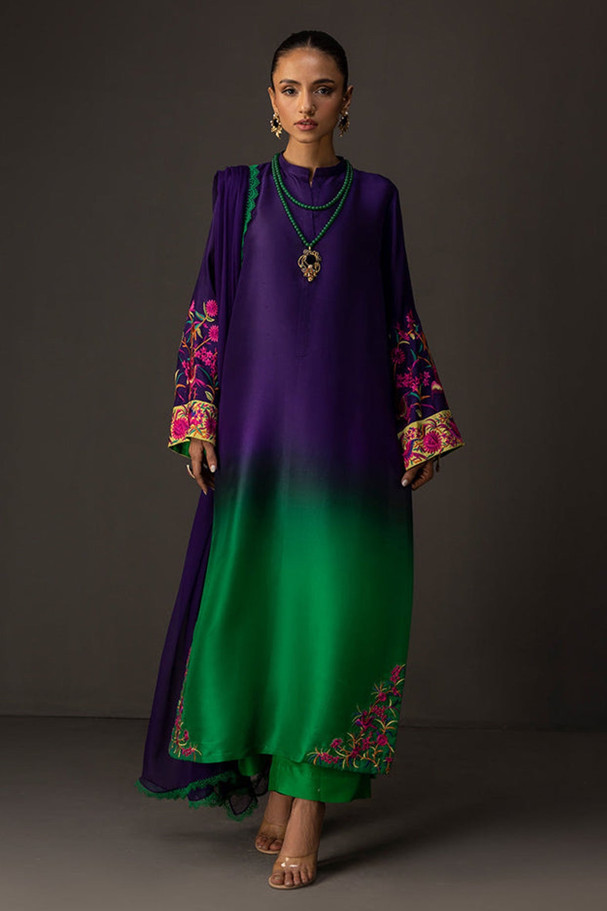 ZAINAB CHOTTANI-3PC SHAMOZE SILK TYE&DYE EMB SHIRT WITH SOFT SILK PRINTED DUPATTA & TROUSER W.J-9003