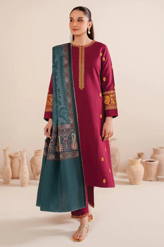 GARNET-3PC LAWN EMBROIDERED SHIRT WITH MONARK PRINT DUPATTA AND TROUSER-W.J-1553