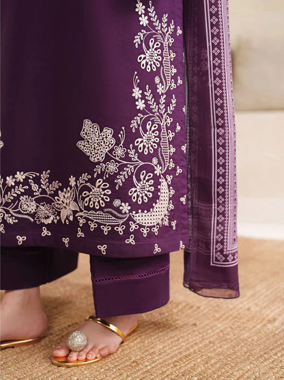 GARNET-3PC DHANAK EMBROIDERED SHIRT WITH COURTRAI PRINTED SHAWL AND TROUSER-W.J-2020