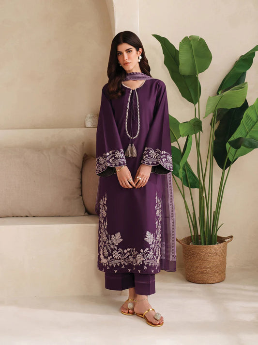 GARNET-3PC DHANAK EMBROIDERED SHIRT WITH COURTRAI PRINTED SHAWL AND TROUSER-W.J-2020