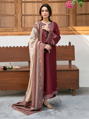 IZEL-3PC DHANAK EMBROIDERED SHIRT WITH COURTRAI PRINTED SHAWL & TROUSER-W.J-4384