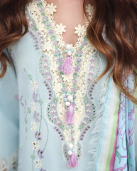 MUSHQ-3PC DHANAK CHIKAN EMBROIDERED SHIRT WITH COUTRAI PRINTED SHAWL AND TROUSER-W.J-5082