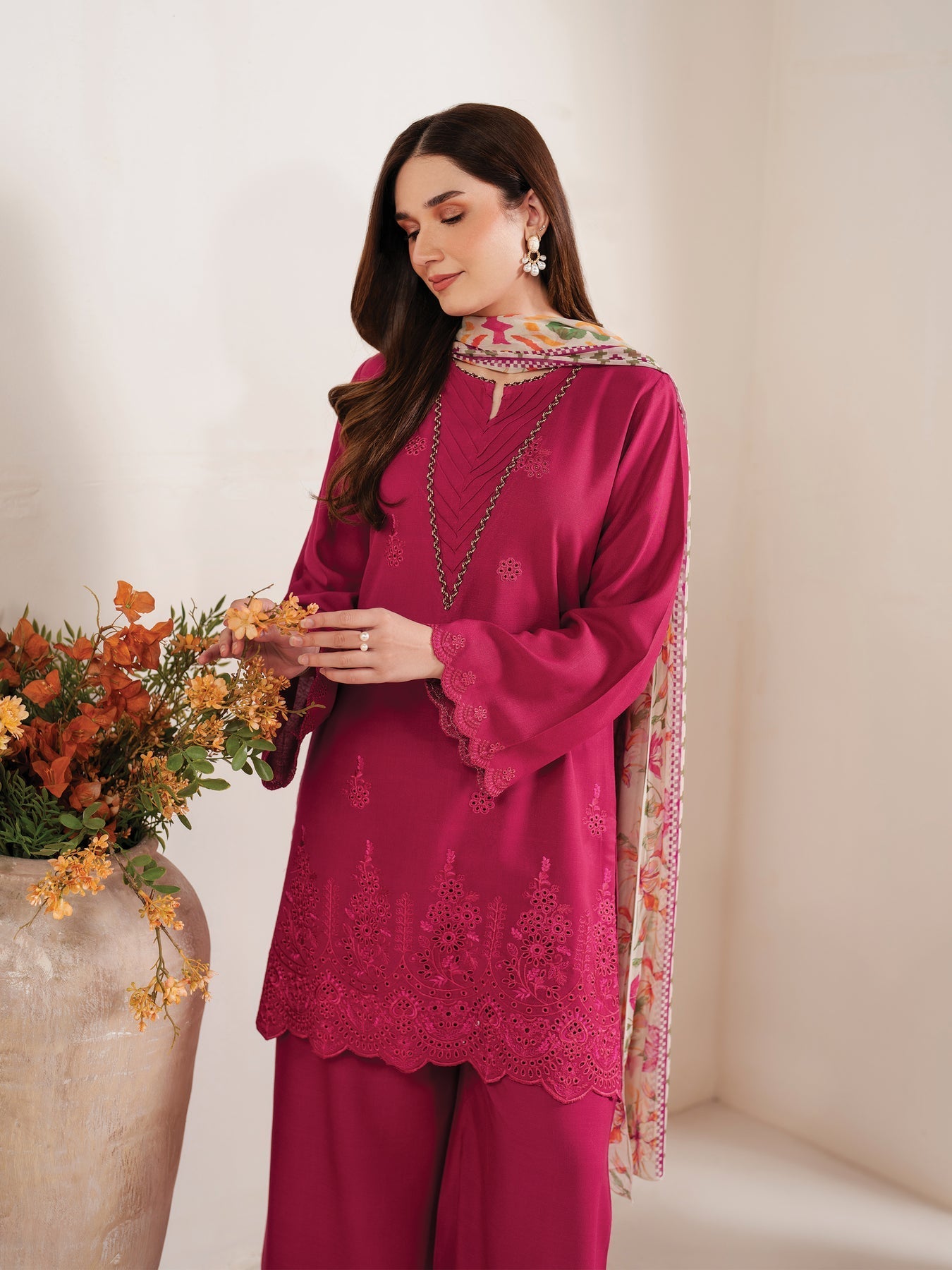 GARNET-3PC LAWN EMBROIDERED SHIRT WITH MONARK PRINT DUPATTA AND EMB TROUSER-W.J-1604