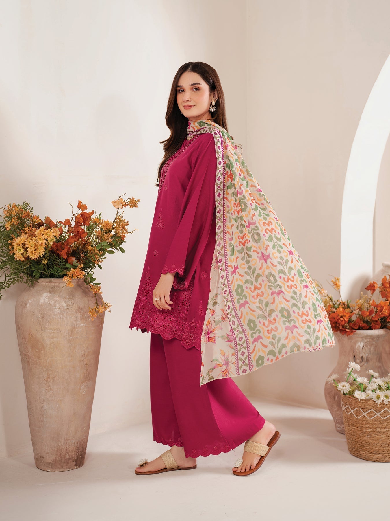 GARNET-3PC LAWN EMBROIDERED SHIRT WITH MONARK PRINT DUPATTA AND EMB TROUSER-W.J-1604