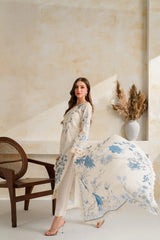 VINTAGE-3PC DHANAK EMBROIDERED SHIRT WITH COURTRAI PRINTED EMB SHAWL AND TROUSER-W.J-5228