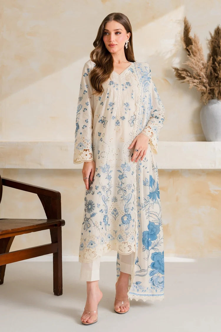 VINTAGE-3PC DHANAK EMBROIDERED SHIRT WITH COURTRAI PRINTED EMB SHAWL AND TROUSER-W.J-5228