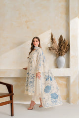 VINTAGE-3PC DHANAK EMBROIDERED SHIRT WITH COURTRAI PRINTED EMB SHAWL AND TROUSER-W.J-5228