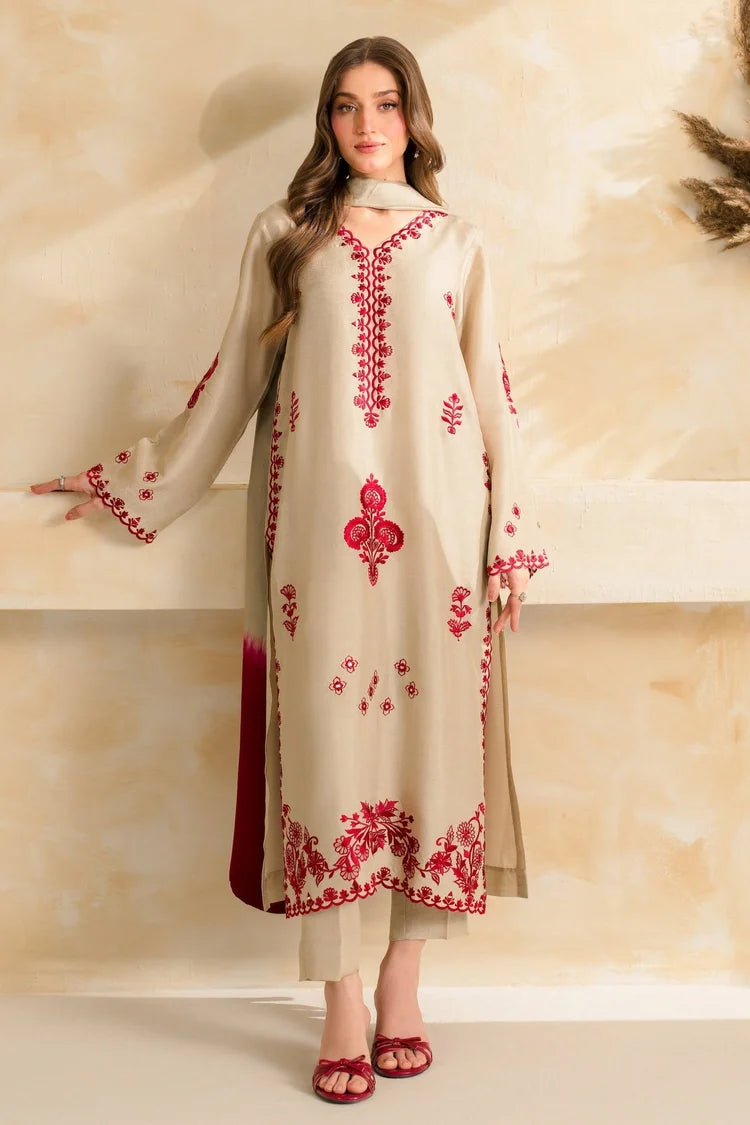 VINTAGE-3PC DHANAK EMBROIDERED SHIRT WITH CHIFFON TYE&DYE DUPATTA SHAWL AND TROUSER-W.J-5222