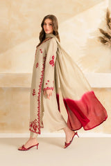 VINTAGE-3PC DHANAK EMBROIDERED SHIRT WITH CHIFFON TYE&DYE DUPATTA SHAWL AND TROUSER-W.J-5222
