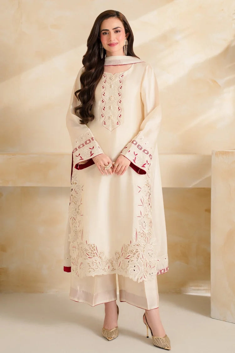 VINTAGE-3 PIECE DHANAK EMBROIDERED SHIRT WITH DHANAK EMBROIDERED SHAWL AND TROUSER-W.J-5232