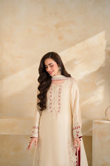 VINTAGE-3 PIECE DHANAK EMBROIDERED SHIRT WITH DHANAK EMBROIDERED SHAWL AND TROUSER-W.J-5232