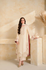 VINTAGE-3 PIECE DHANAK EMBROIDERED SHIRT WITH DHANAK EMBROIDERED SHAWL AND TROUSER-W.J-5232