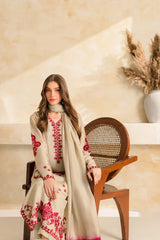 VINTAGE-3PC DHANAK EMBROIDERED SHIRT WITH CHIFFON TYE&DYE DUPATTA SHAWL AND TROUSER-W.J-5222