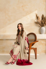 VINTAGE-3PC DHANAK EMBROIDERED SHIRT WITH CHIFFON TYE&DYE DUPATTA SHAWL AND TROUSER-W.J-5222
