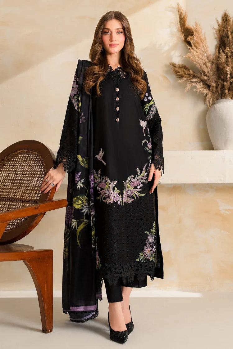 VINTAGE-3PC DHANAK EMBROIDERED SHIRT WITH COUTRAI PRINTED SHAWL TYE&DYE DUPATTA SHAWL AND TROUSER-W.J-5223